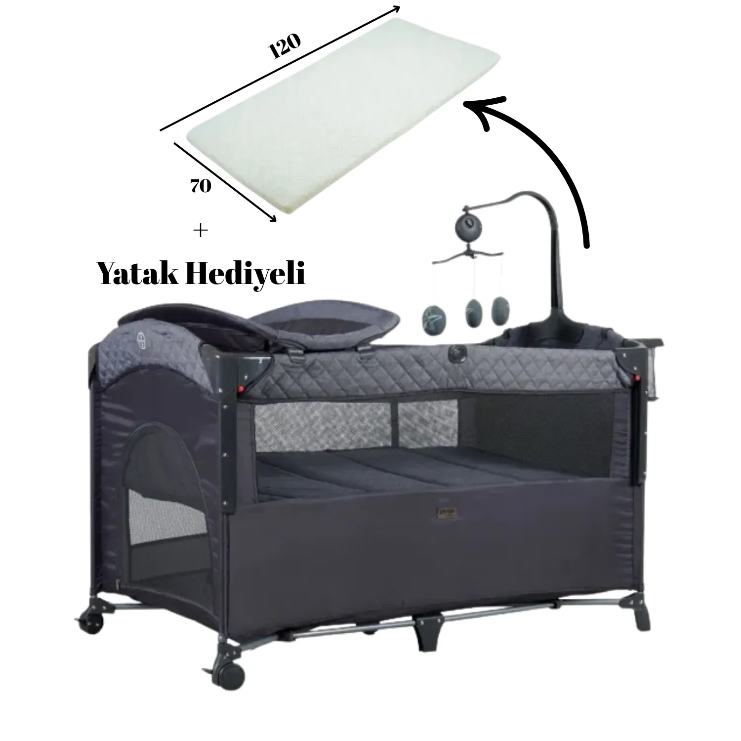 Prego 8044 Miami Plus Yatak Hediyeli Anne Yanı Oyun Parkı 70x120 cm Füme