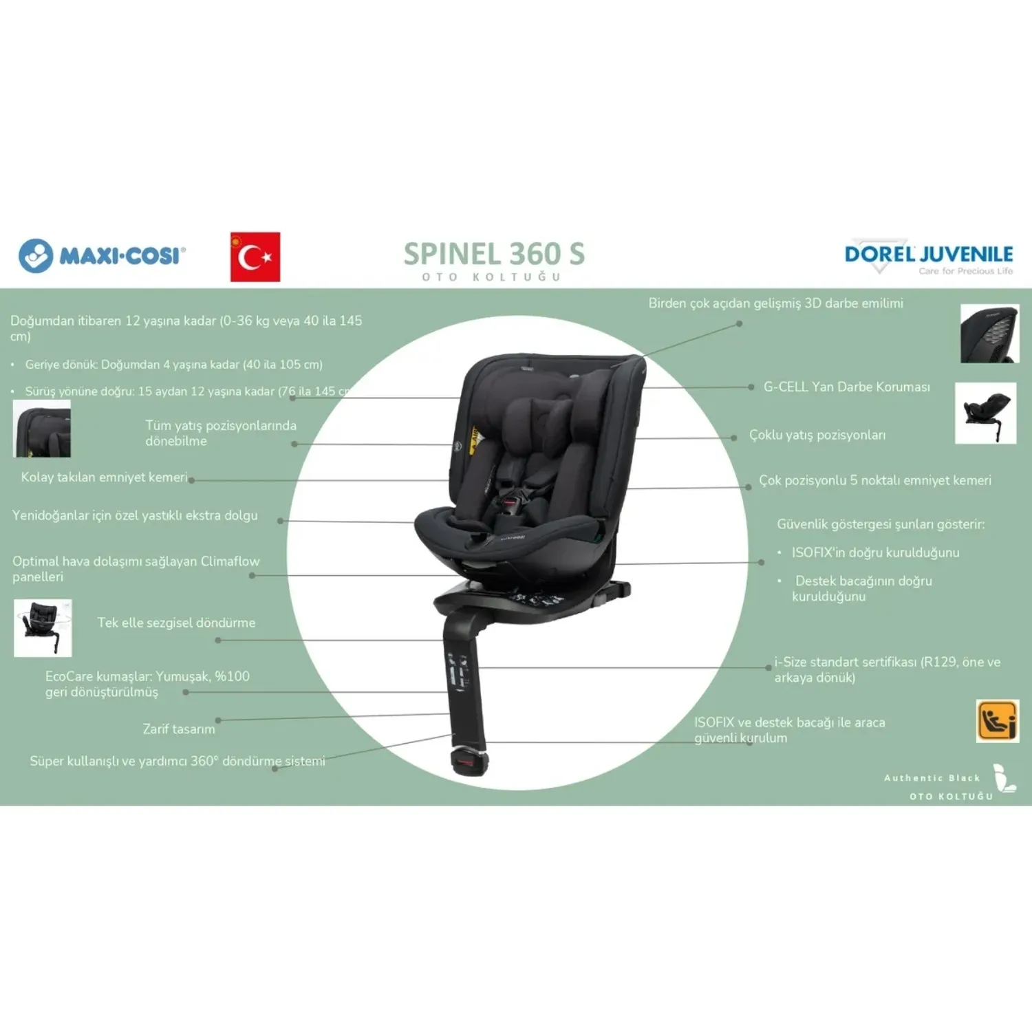 Maxi Cosi Spinel 360 S Isofixli Oto Koltuğu 0-36 Kg Authentic Graphite