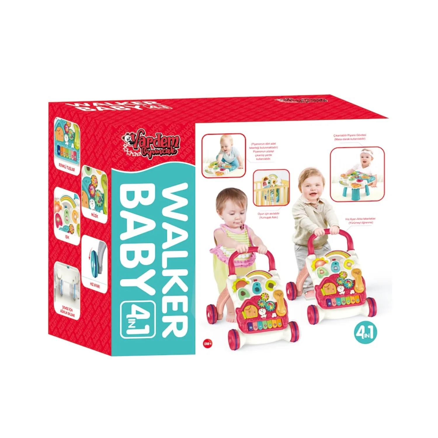 Vardem Piyanolu 4in1 Turkuaz Bebek Yürüteci Pembe Renk