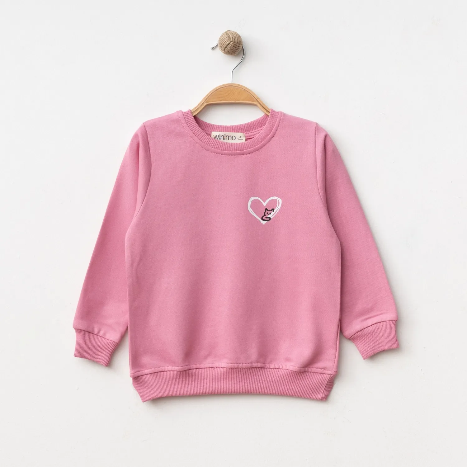 Winimo Sweatshirt Kalpli Kedi Baskılı Pembe