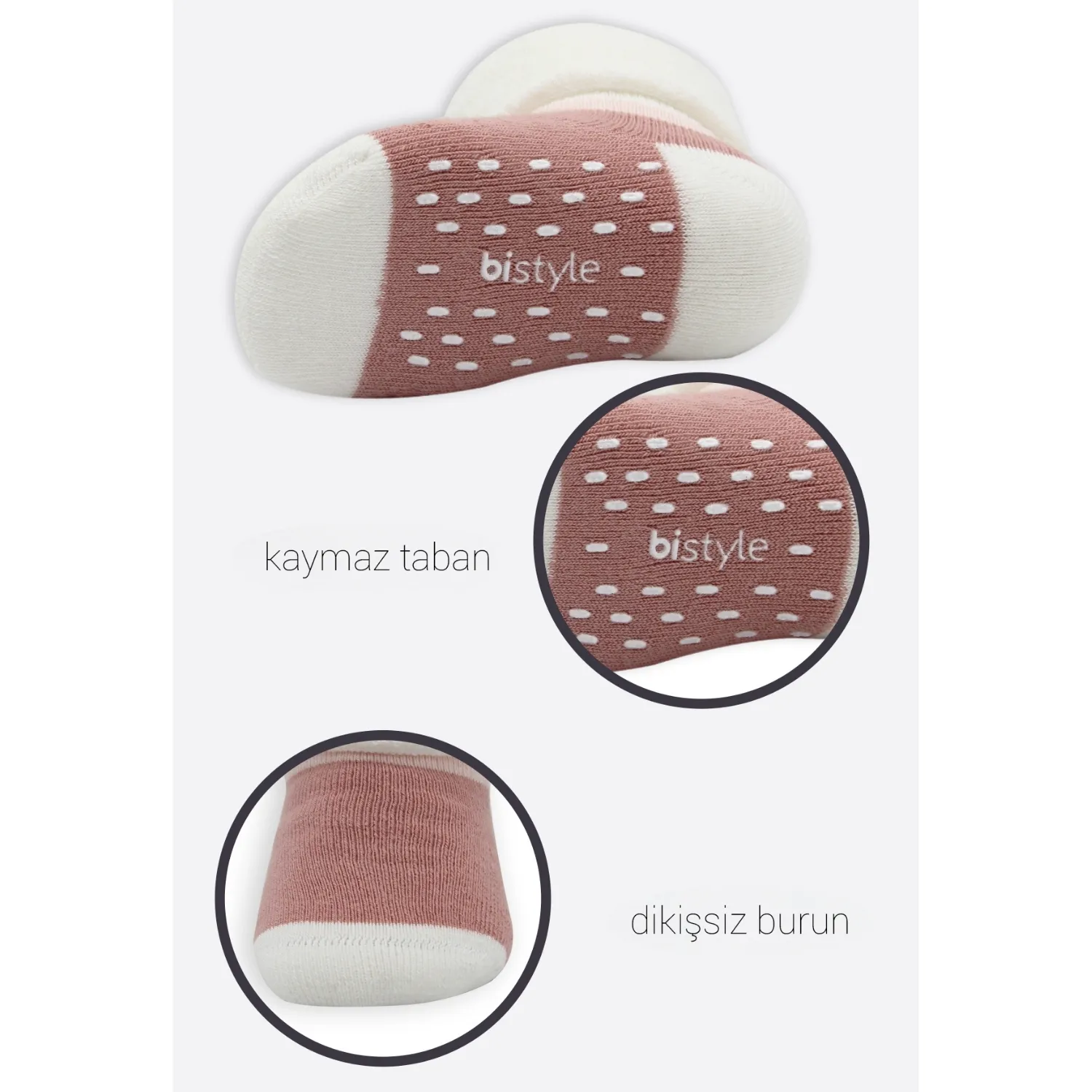 Bibaby Organik Çorap Soket Havlu 2li Kaymaz Kıvrık Bistyle Puanlu Desenli Gri - Pudra