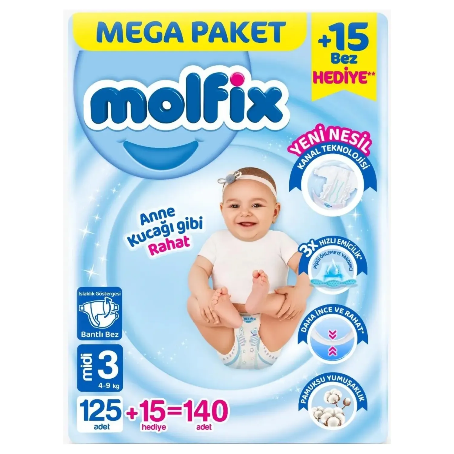 Molfix Bebek Bezi 3 Beden Midi 4-9 Kg 140lı Aylık Paket