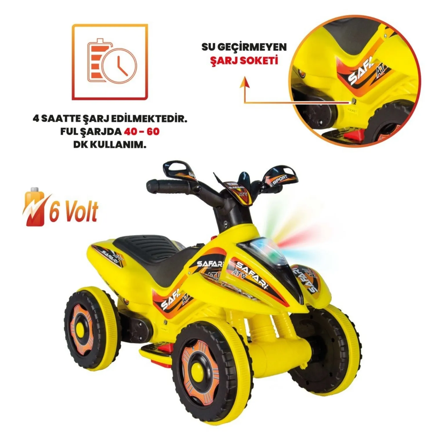 Akülü Atv Müzikli ve Led Işıklı 6V Safari Sarı