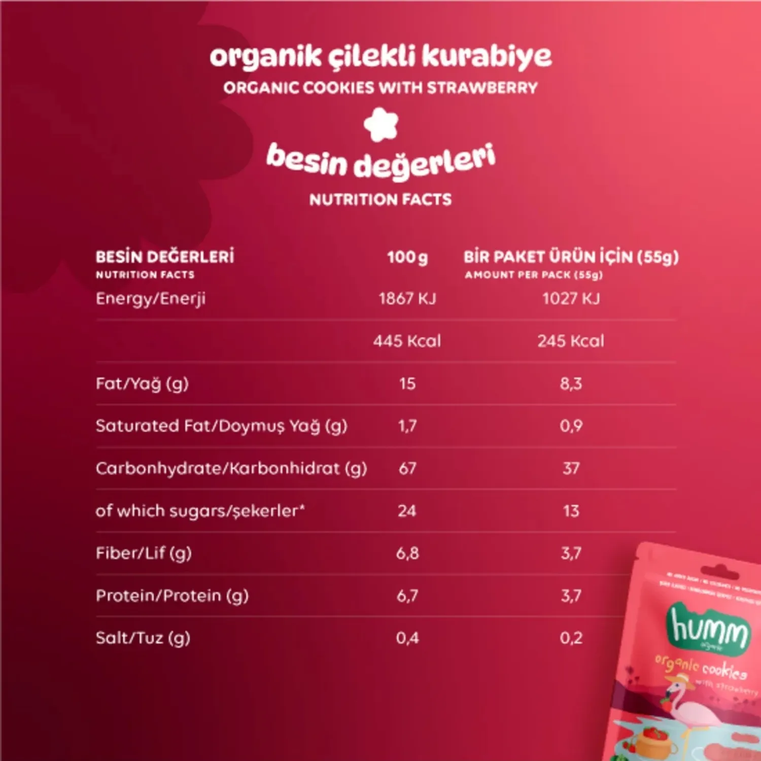 Humm Organic Vegan Çilekli Kurabiye 55 gr