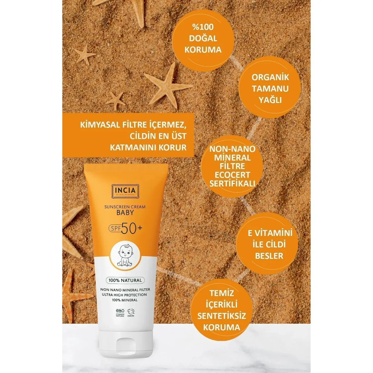 INCIA %100 Doğal Bebek için Güneş Kremi Mineral Filtreli 50 SPF 50ml