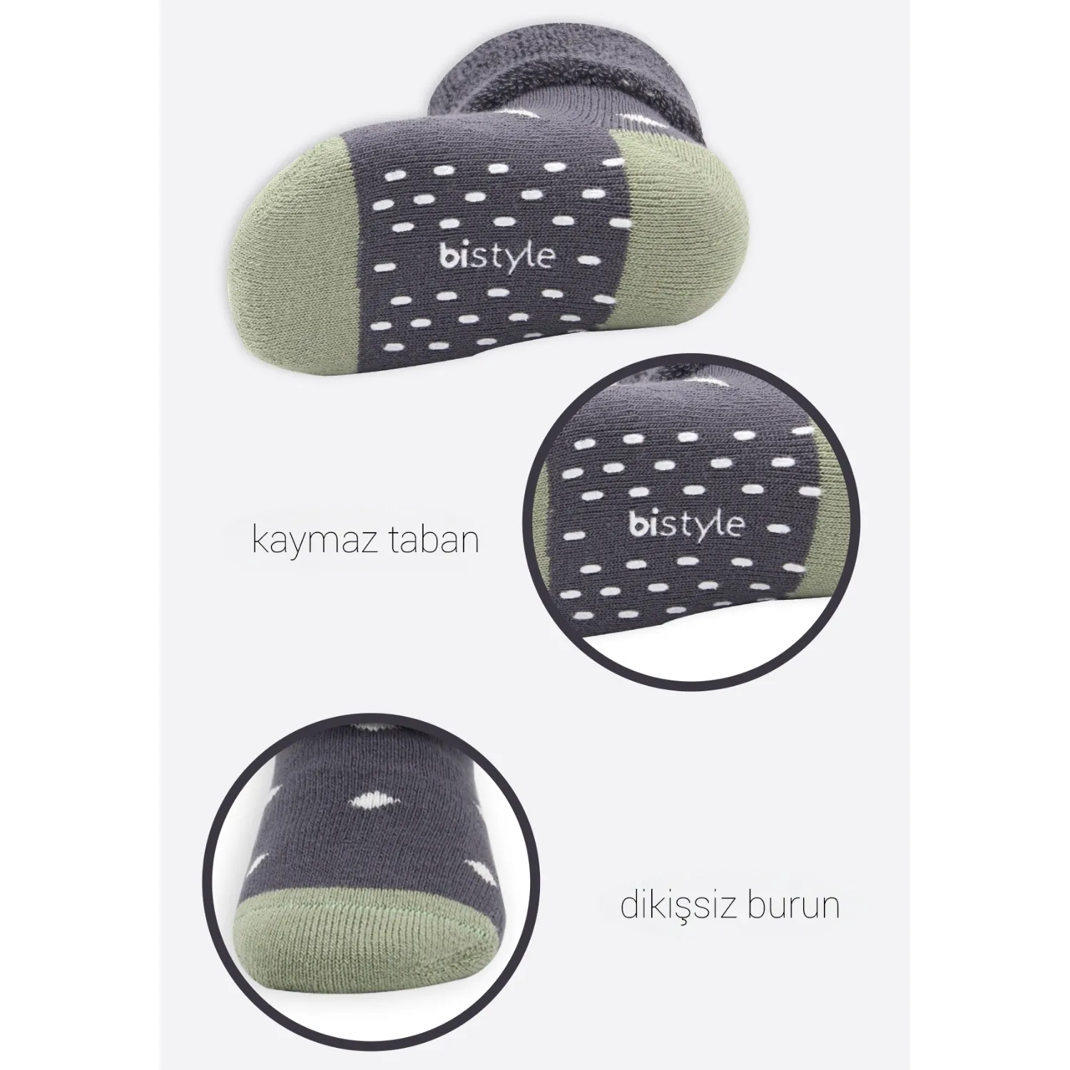 Bibaby Organik Çorap Soket Havlu 2li Kaymaz Kıvrık Bistyle Puanlu Desenli Antrasit