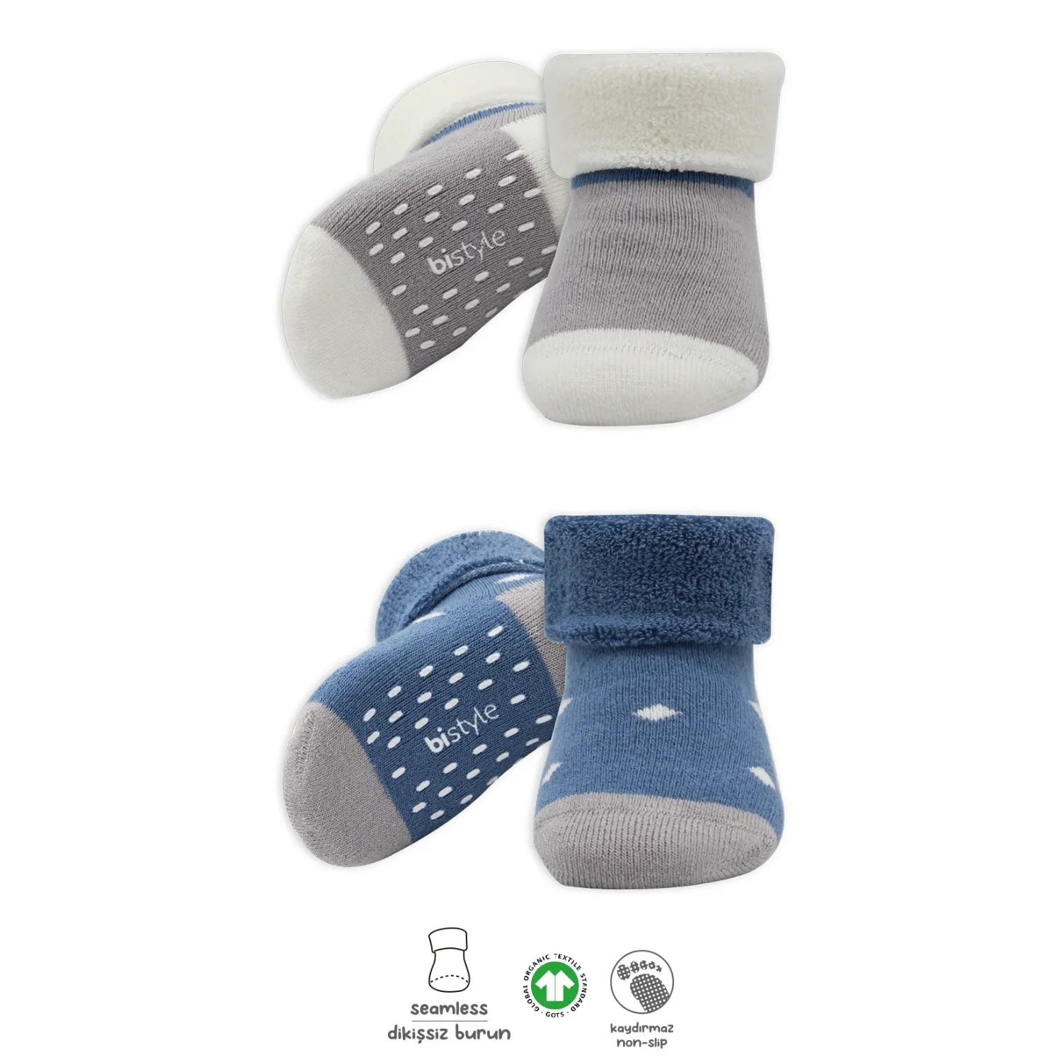 Bibaby Organik Çorap Soket Havlu 2li Kaymaz Kıvrık Bistyle Puanlu Desenli İndigo - Gri