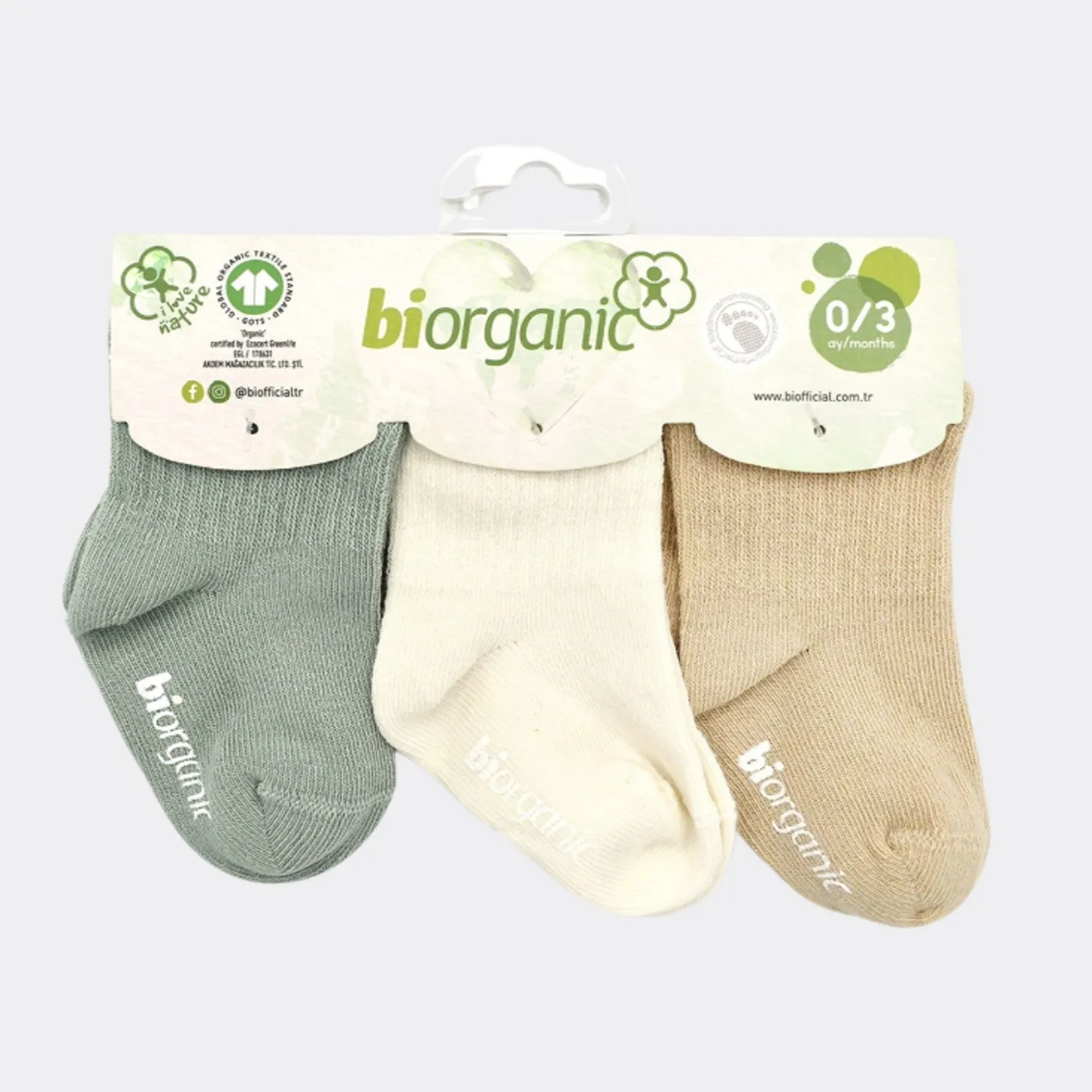Bibaby Organik Çorap Soket 3lü Basic Kaymaz Nil - Ekru - Bej