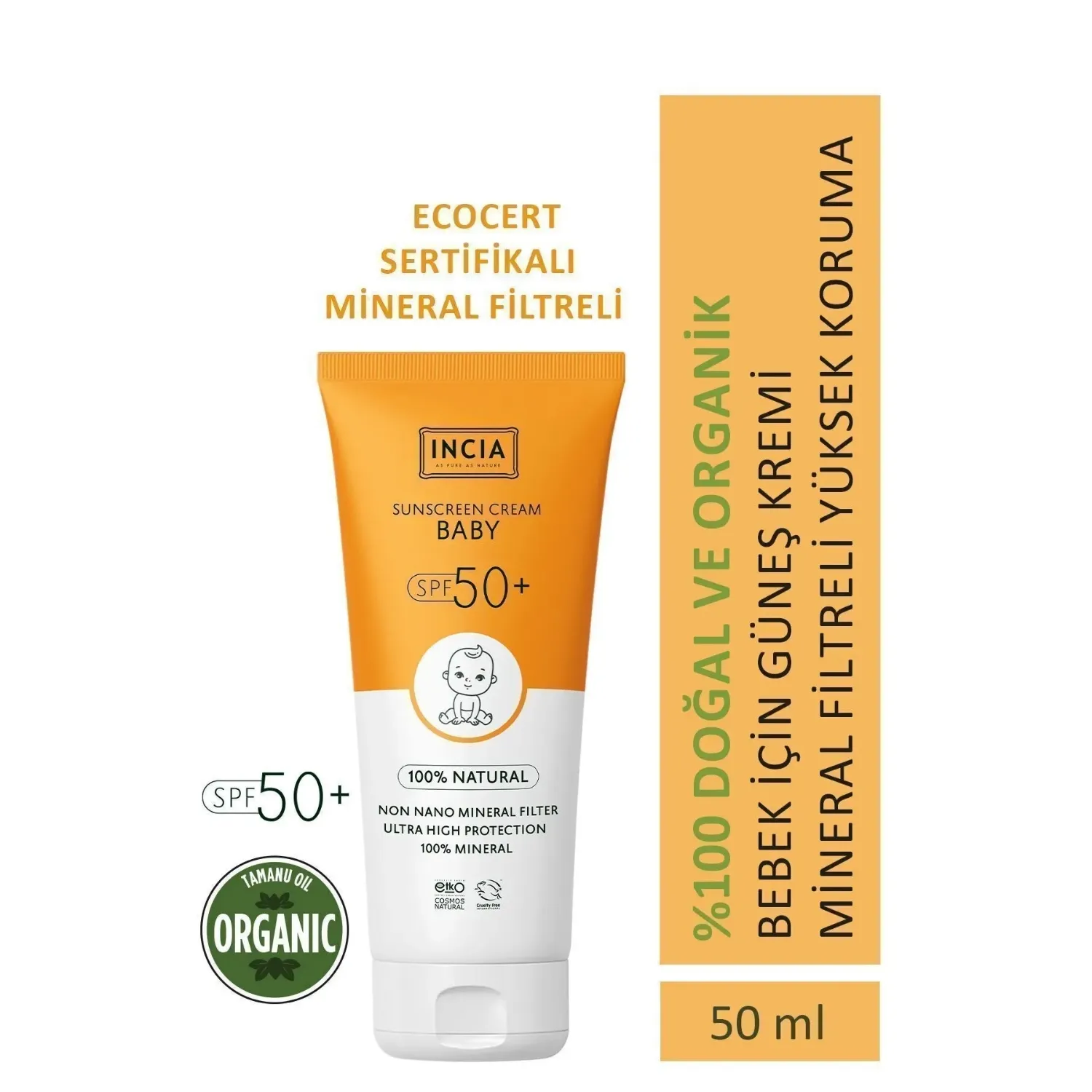 INCIA %100 Doğal Bebek için Güneş Kremi Mineral Filtreli 50 SPF 50ml