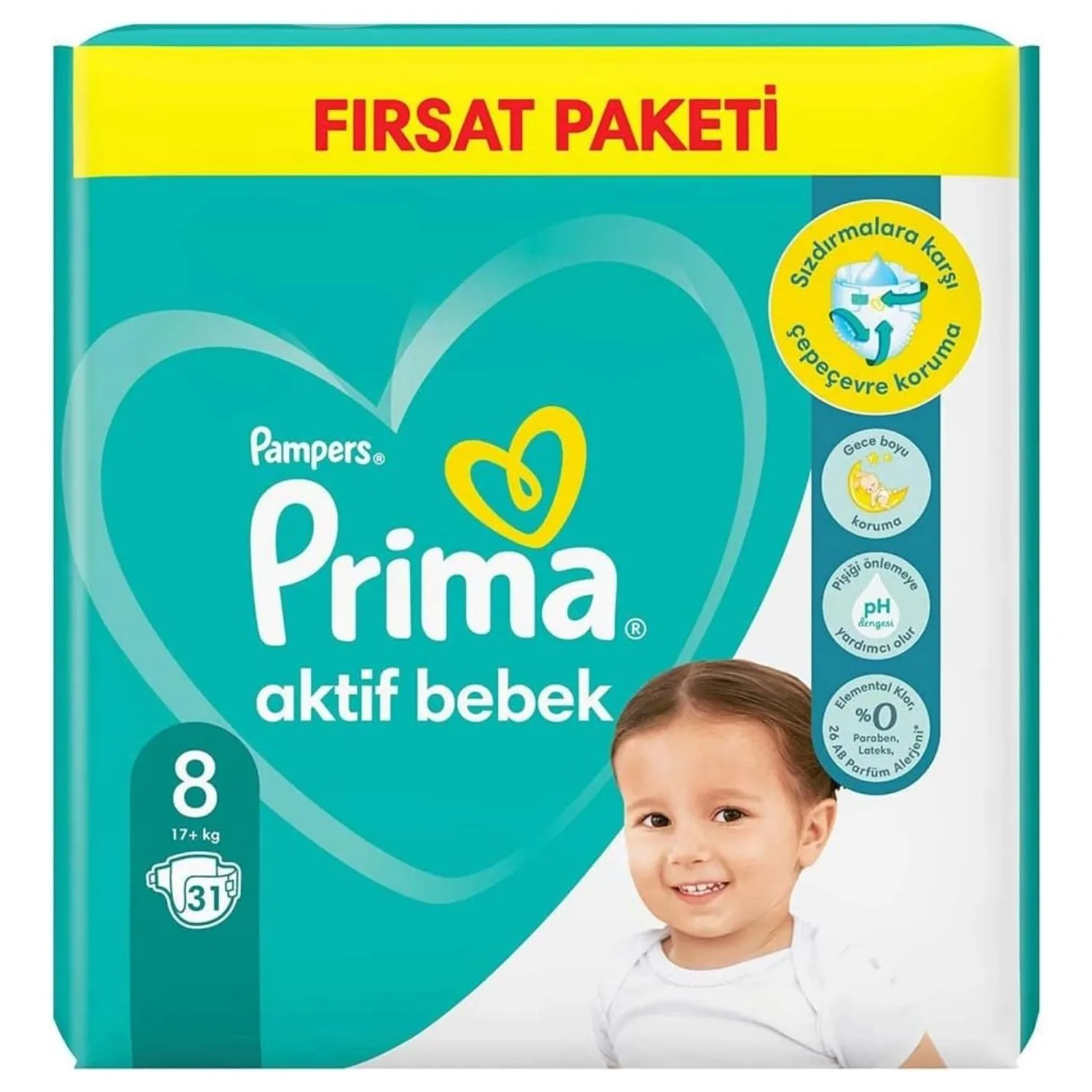 Prima Aktif Bebek Bezi 8 Beden 17+ Kg 31li Fırsat Paket 