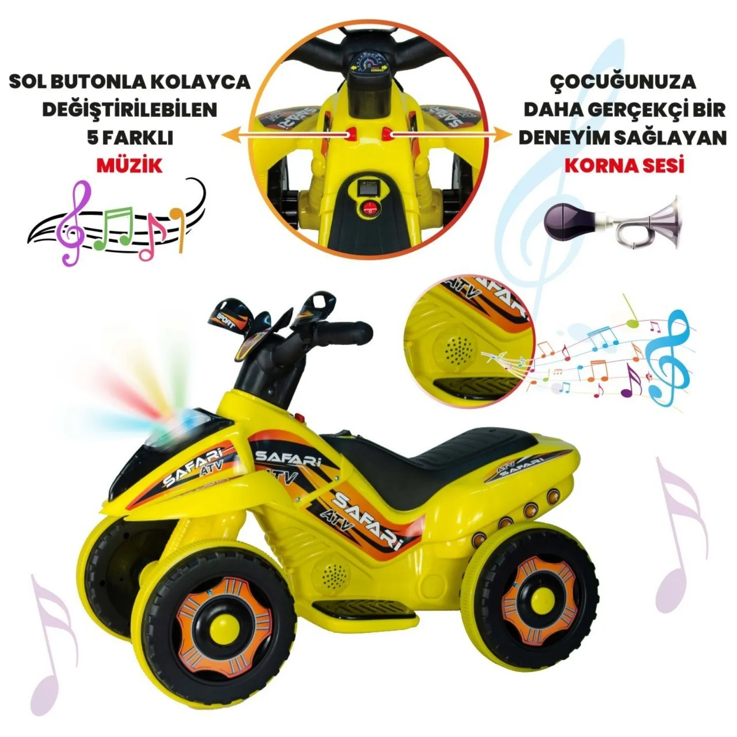 Akülü Atv Müzikli ve Led Işıklı 6V Safari Sarı