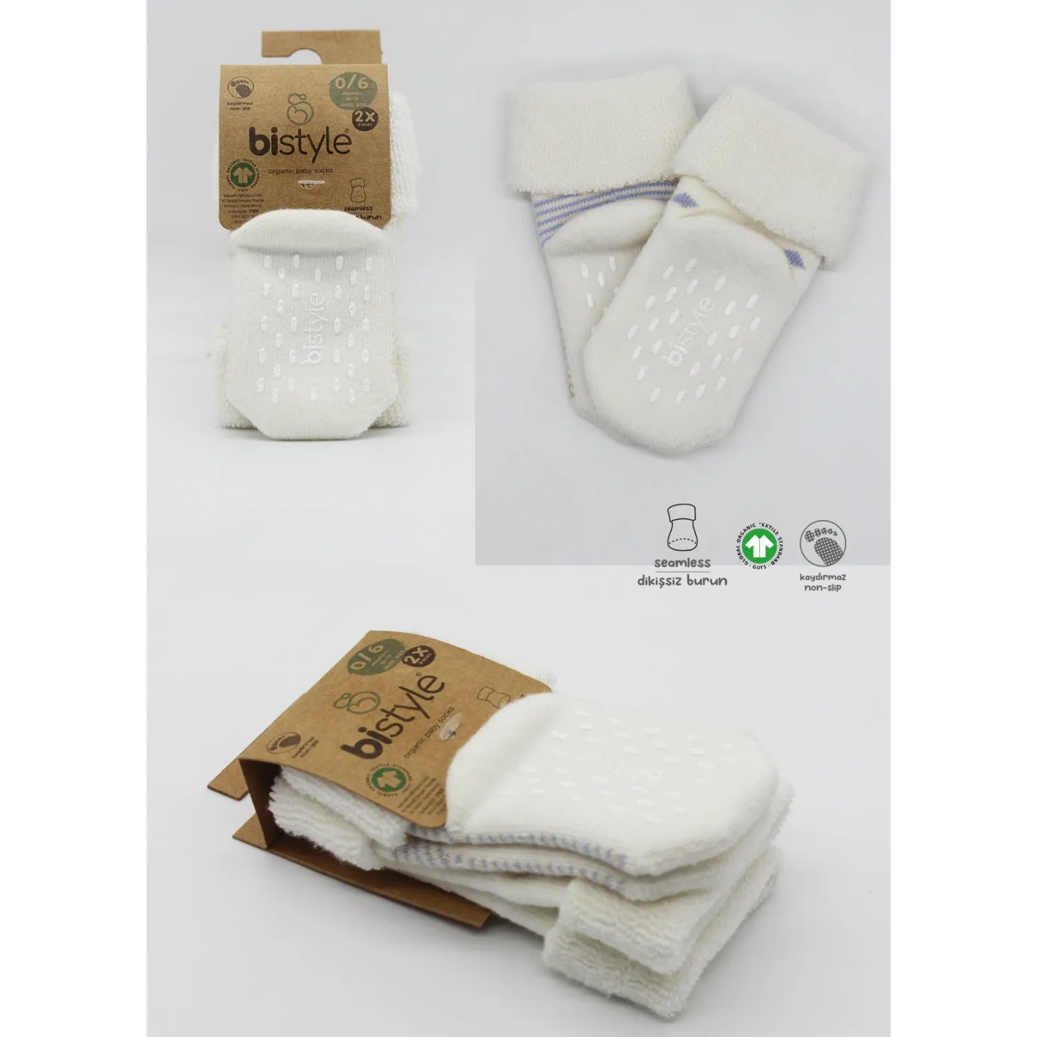 Bibaby Organik Çorap Soket Havlu 2li Kaymaz Çemberli Kıvrık Puanlı Bistyle İndigo - Ekru