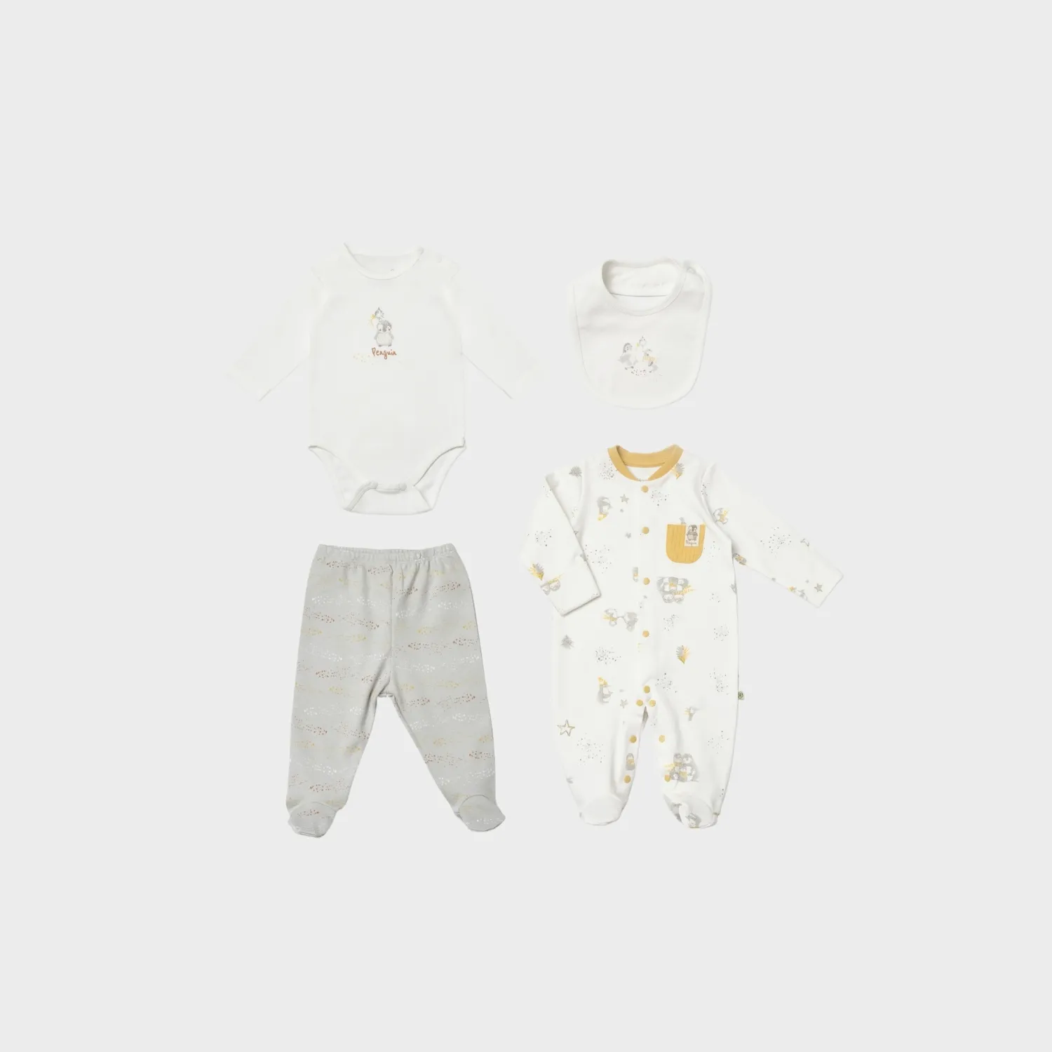 Bibaby Organik Hastane Çıkışı 4lü Tulumlu Penguin Club Ekru - Gri