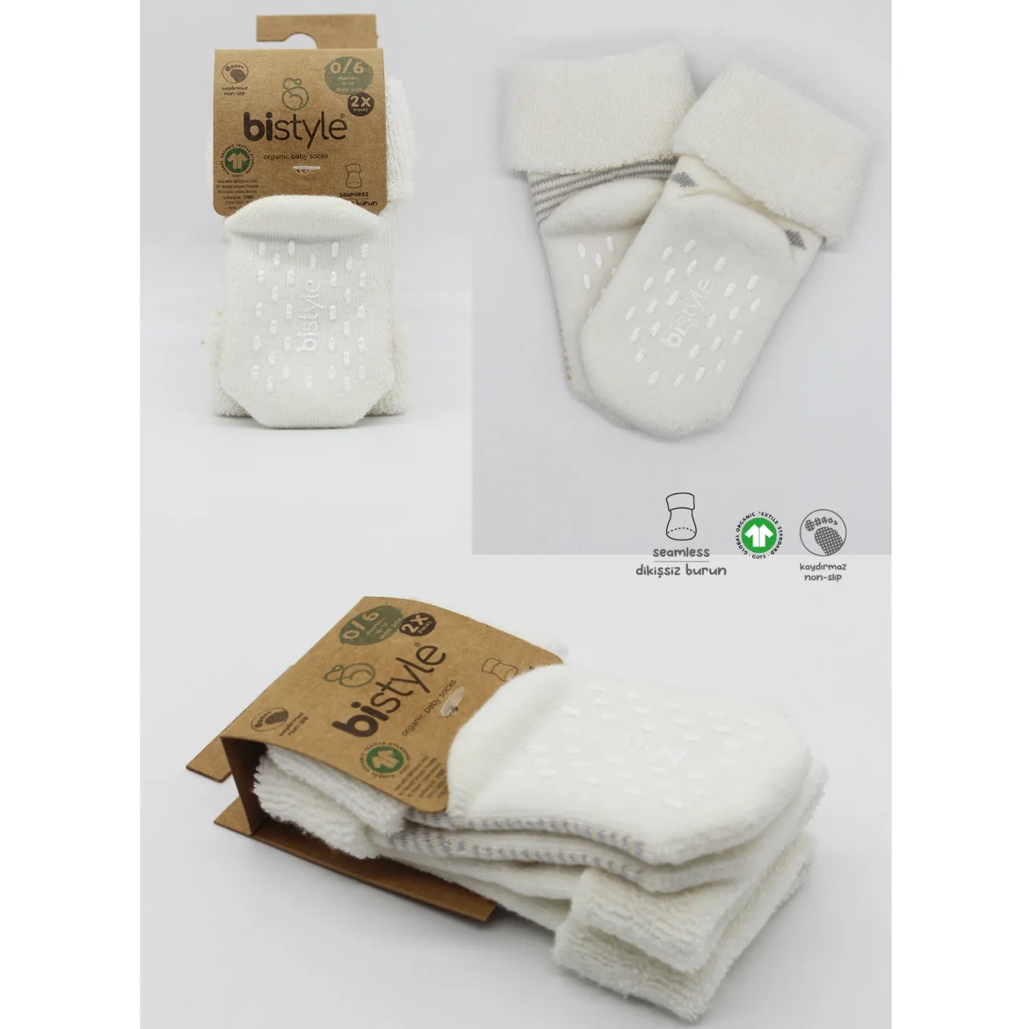 Bibaby Organik Çorap Soket Havlu 2li Kaymaz Çemberli Kıvrık Puanlı Bistyle Gri - Ekru