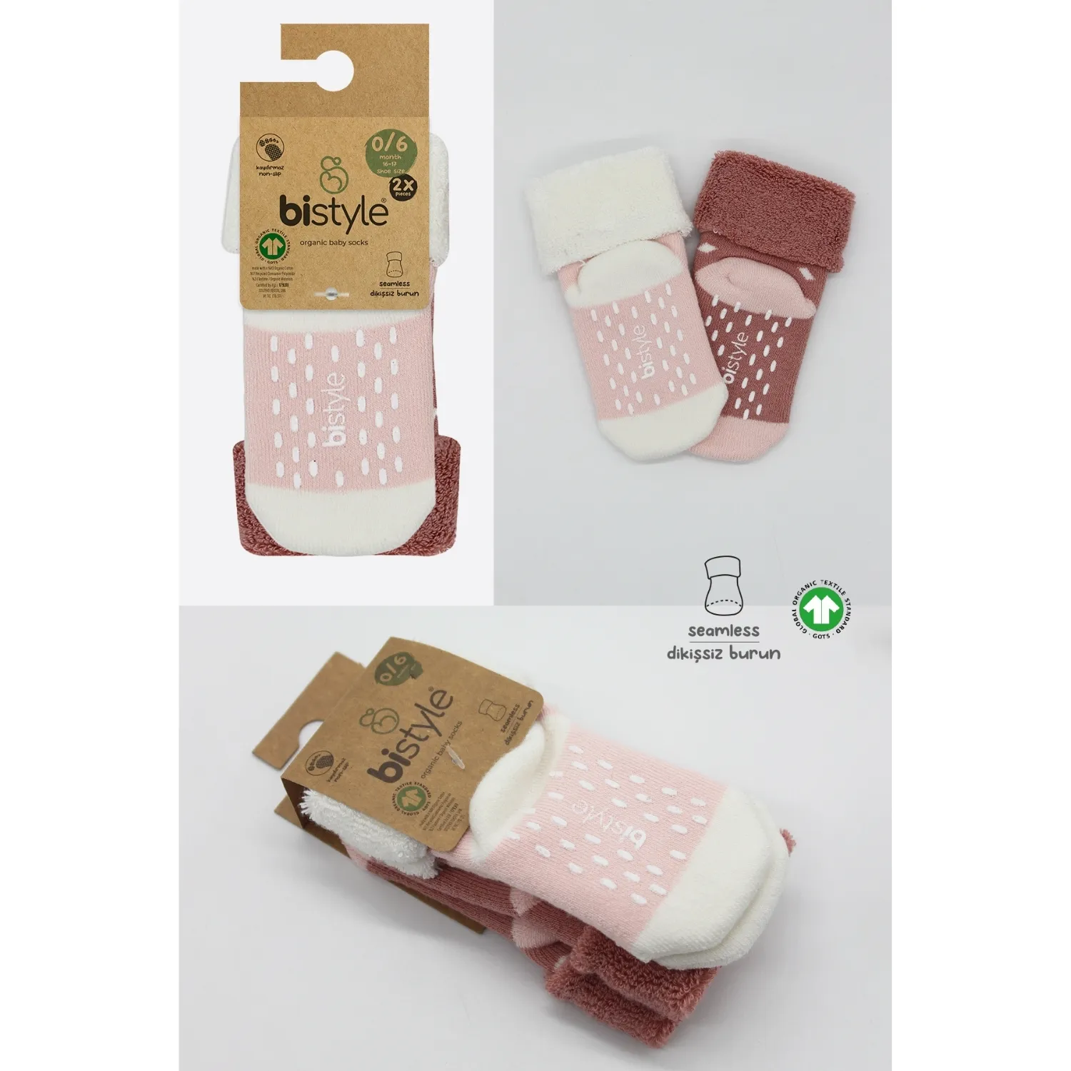 Bibaby Organik Çorap Soket Havlu 2li Kaymaz Kıvrık Bistyle Puanlu Desenli Pudra - Pembe