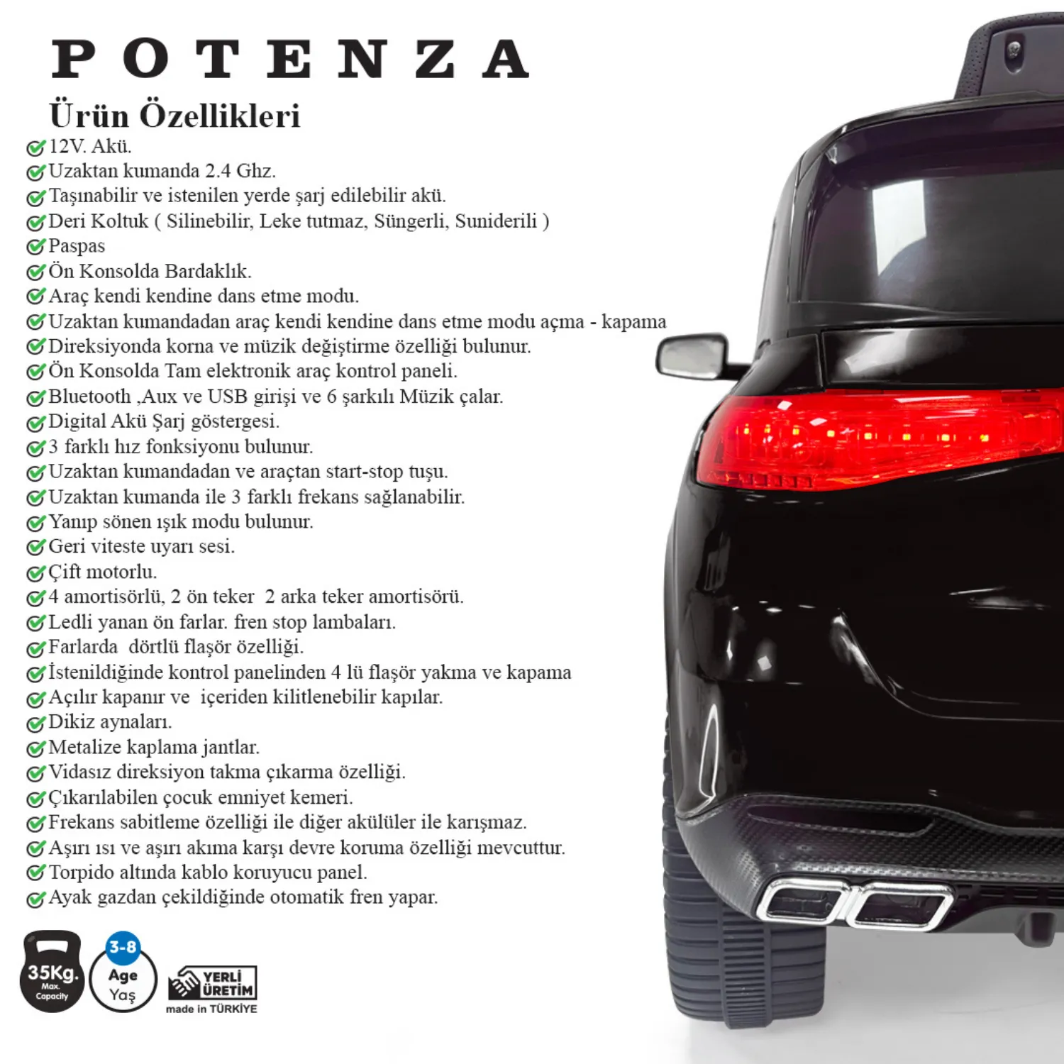 Potenza Akülü Araba Kumandalı 4*2 12 Volt Siyah