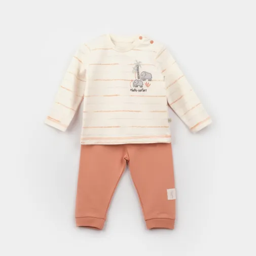 Bibaby Unisex Organik Pijama Takımı Hello Safari Ekru - Kiremit