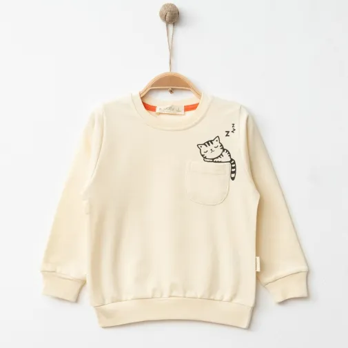 Bebolly Kız Sweatshirt Uykucu Kedi Baskılı Bej