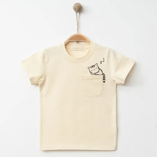Bebolly Kız T-Shirt Uykucu Kedi Baskılı Bej