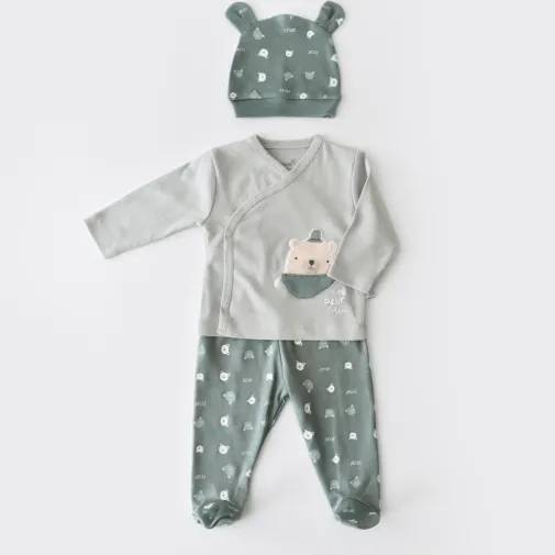 Bibaby Erkek Organik Zıbın Takımı 3Lü Hug Me Bear Yeşil