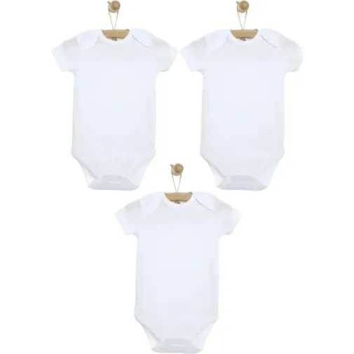 Mixi Baby %100 Pamuklu Çıtçıtlı Kısa Kol Bebek Body 3Lü Set Unisex Beyaz