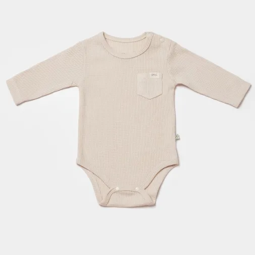 Bibaby Unisex Organik Body Uzun Kol Waffle Smile Bej