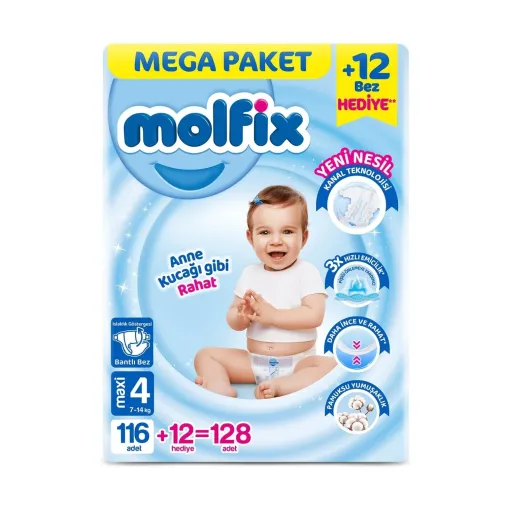 Molfix Bebek Bezi 4 Beden Maxi 7-14 Kg 128Li Mega Paket