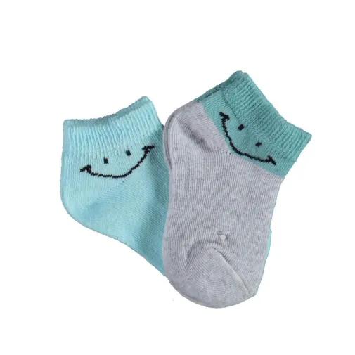 Bibaby Unisex Organik Patik Çorap 2Li Smile Gri - Mint