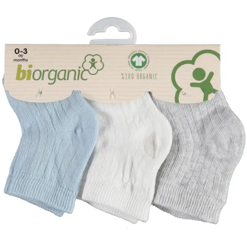 Bibaby Unisex Organik Çorap Soket 3Lü Basic Desenli Ekru - Mavi - Gri