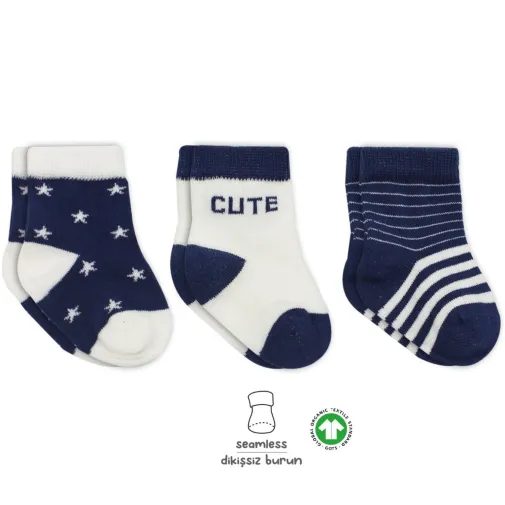 Bibaby Unisex Çorap Soket 3Lü Penye Stars Bistyle Lacivert