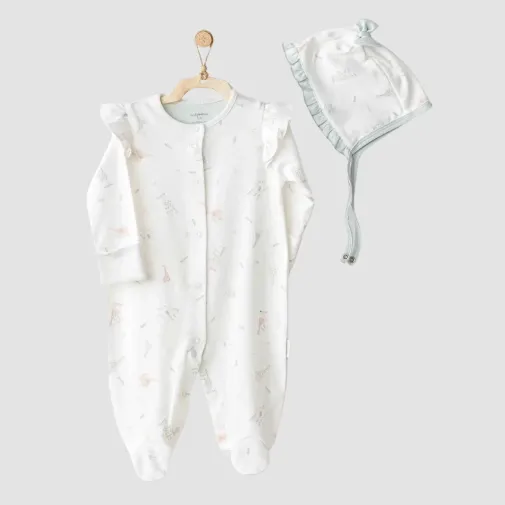 Andy Wawa Kız Bebek Uzun Kollu Şapkalı Tulum Takım Love Family Ekru