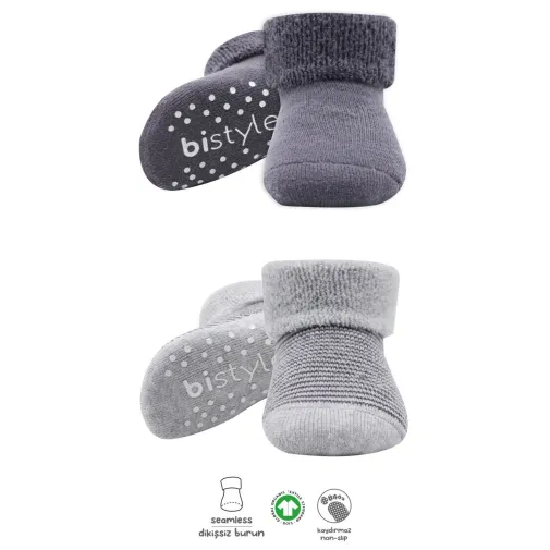 Bistyle Unisex Organik Çorap Soket Havlu 2Li Kaymaz Çemberli Kıvrık Gri - Antrasit