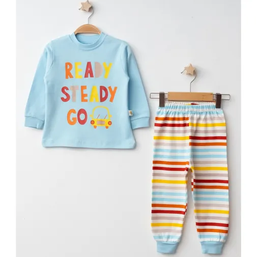 Mini Damla Pijama Takımı Penye Çizgili Turkuaz