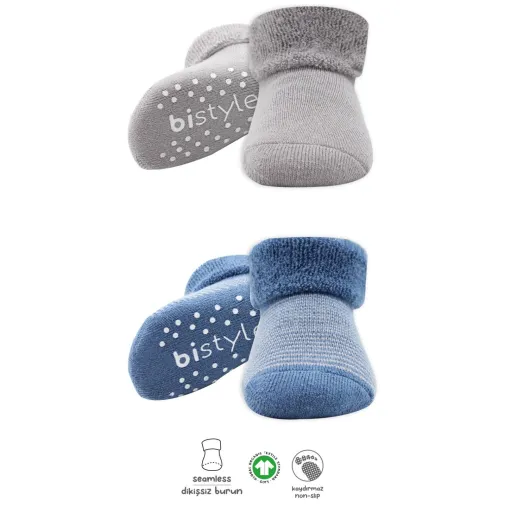 Bistyle Unisex Organik Çorap Soket Havlu 2Li Kaymaz Çemberli Kıvrık İndigo - Gri