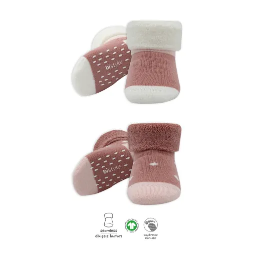 Bistyle Kız Çorap Soket Havlu 2Li Kaymaz Point Girl Pudra - Pembe