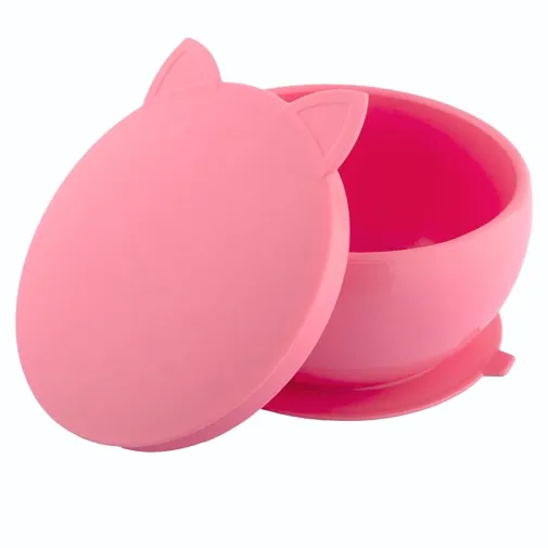 Pandish Kitten Vakum Tabanlı Kapaklı Silikon Kase Pembe