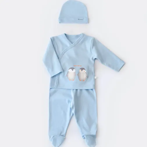 Bibaby Erkek Organik Zıbın Takımı 3Lü Hello New Penguins Mavi