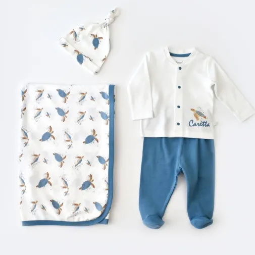 Bibaby Unisex Organik Zıbın Takımı Battaniyeli Tüllü Caretta In Live Ekru - İndigo