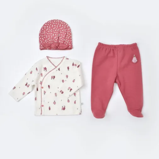 Bibaby Kız Organik Zıbın Takımı 3Lü Little Love Rose Dry