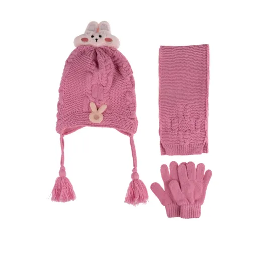 Kitti Kız Çocuk Eldiven Atkı Bere Takım 1-4Yaş Pembe