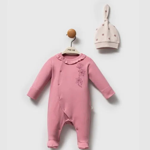 Moi Noi Kız Tulum Şapka Takım Flowers Mürdüm