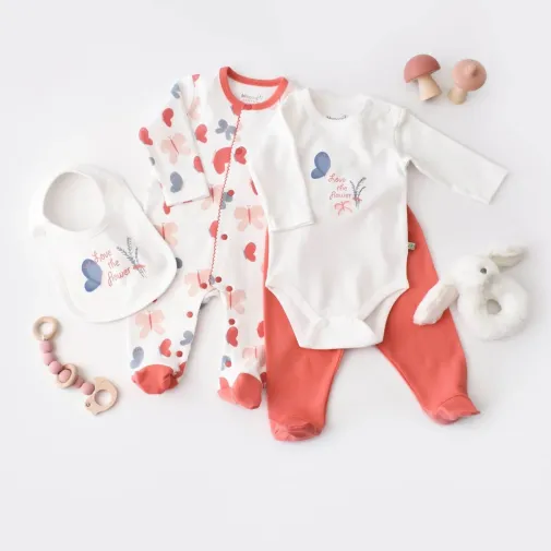 Bibaby Unisex Organik Tulum Takımı Tüllü Wild Flowers Coral
