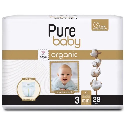 Pure Baby Pamuk Bebek Bezi 3 Beden Midi 28Li Jumbo Paket